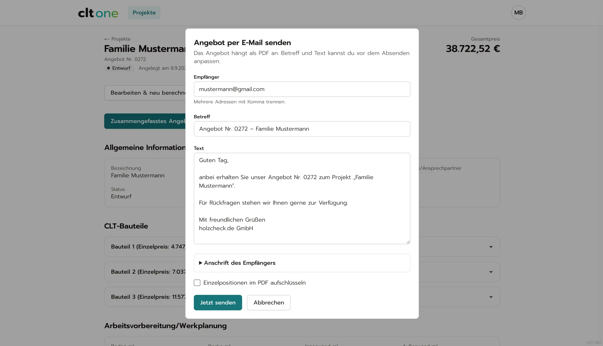 Angebot direkt aus clt one per E-Mail versenden, mit PDF im Anhang